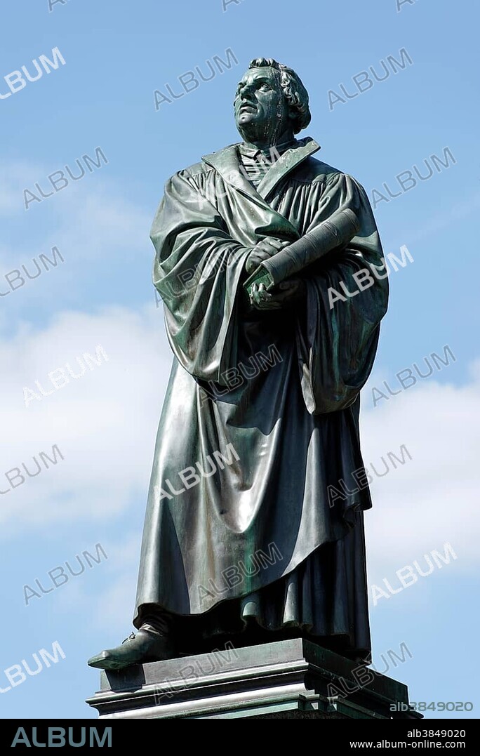 Statue of Martin Luther, 1483 - 1546, reformer, Luther Memorial, by E Ritschel, 1868, Worms, Rhineland-Palatinate, Germany, Europe.