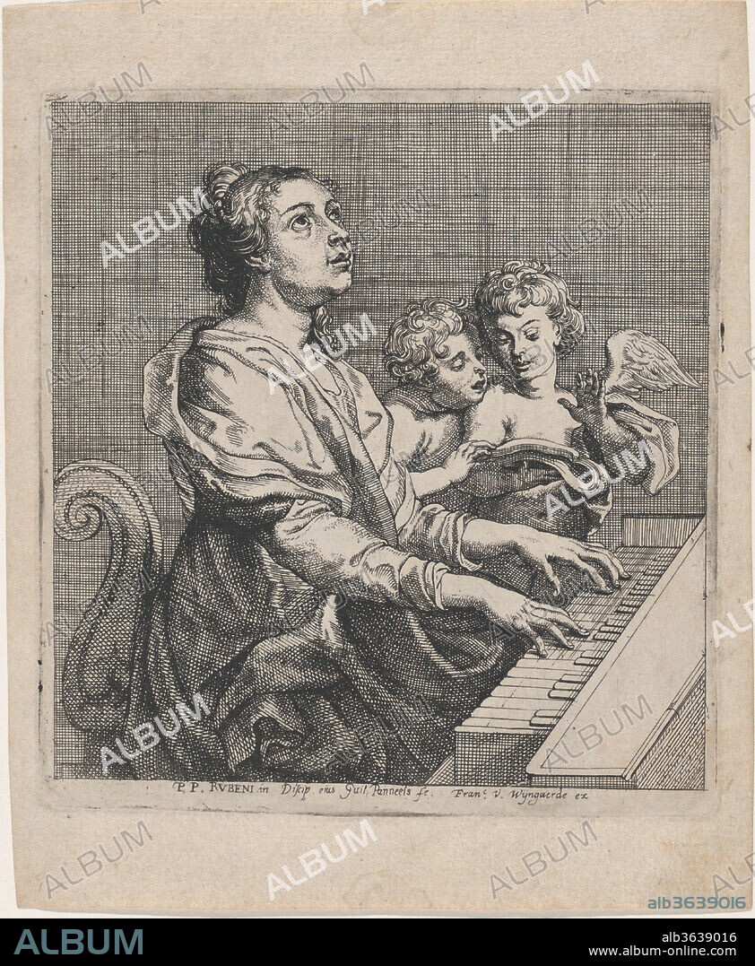 Saint Cecilia playing the virginals, accompanied by two singing angels. Artist: After Peter Paul Rubens (Flemish, Siegen 1577-1640 Antwerp); Willem Panneels (Flemish, ca. 1600-after 1632). Dimensions: Plate: 5 7/8 × 5 1/2 in. (15 × 14 cm)
Sheet: 7 3/8 × 6 1/16 in. (18.7 × 15.4 cm). Publisher: Frans van den Wyngaerde (Flemish, Antwerp 1614-1679 Antwerp). Date: ca. 1631.