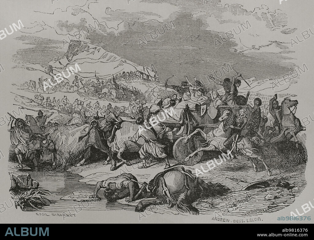 KARL GIRARDET (1813-1871). SWISS ARTIST.. Cimbric War (BC 113 to 101). Confrontation between the Roman Republic and the Germanic tribe of the Cimbri. The Defeat of the Cimbri. Engraving by Karl Girardet after Alexandre Gabriel Decamps (1803-1860). "Los Héroes y las Grandezas de la Tierra". Volume V. 1855.