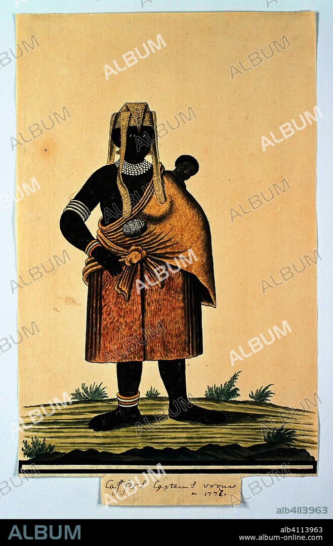 A Xhosa (possibly Gonaqua) chieftan's wife with an infant on her back. Draughtsman: Robert Jacob Gordon. Dating: 1777. Place: Great Fish River (South Africa). Measurements: h 660 mm × w 480 mm; h 356 mm × w 216 mm.