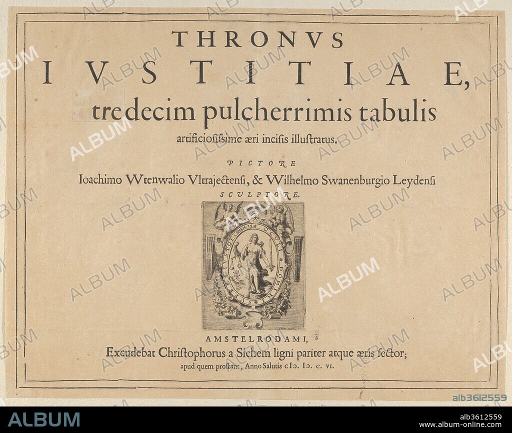 Typographic Title Page with a Vignette Depicting the Allegorical Figure of Justice, from Thronus Justitiae, tredecim pulcherrimus tabulis... Artist: Willem van Swanenburg (Netherlandish, ca. 1581/82-1612); After Joachim Wtewael (Netherlandish, Utrecht 1566-1638 Utrecht). Dimensions: Sheet: 10 13/16 × 13 7/8 in. (27.4 × 35.2 cm). Publisher: Christoffel van Sichem I (Netherlandish, 1546-1624); Title page published by Pieter de Jode I (Netherlandish, Antwerp 1570-Antwerp 1634). Series/Portfolio: Thronus Justitiae, tredecim pulcherrimus tabulis.... Date: 1606.
This print is from a set of 13 plates depicting "pictures of justice", with scenes from the Bible, history, and legend.  The prints are executed by Willem Swaneburg after designs by Joachim Wtewael.  The prints were first published by Christoffel van Sichem in 1606.  This print is the typographic title page, which is not described by Hollstein, who only includes the engraved tite page depicting King David and Solomon. This title page incorrectly states the number of plates as twelve, but a sheet of paper has been pasted on top of the first part of the word "duodecim," correcting it to read "tredecim.".