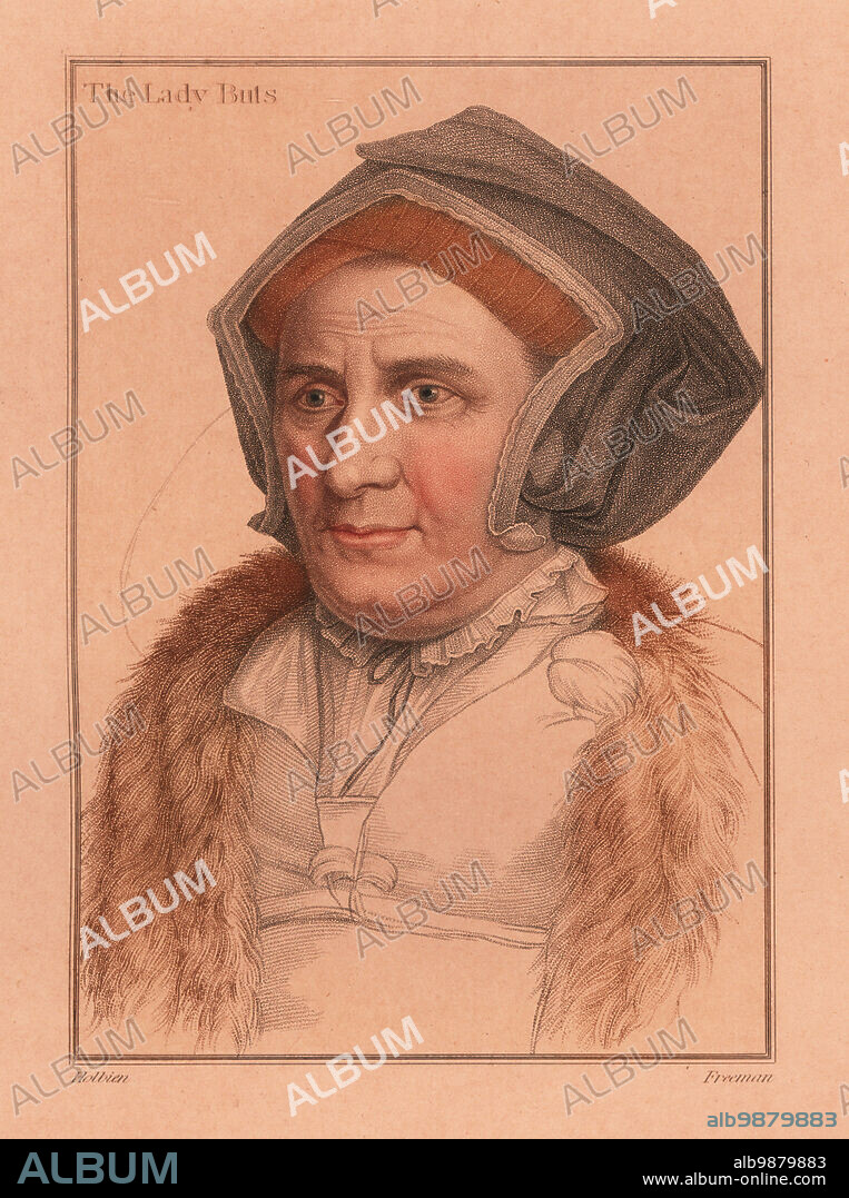 Margaret Bacon, Lady Butts, lady-in-waiting to Princess Mary, daughter and heir of John Bacon, wife of William Butts, King Henry VIII's physician. The Lady Buts. Handcoloured copperplate stipple engraving by Freeman after a portrait by Hans Holbein the Younger printed on pink paper from Imitations of Original Drawings by Hans Holbein, John Chamberlaine, London, 1812.