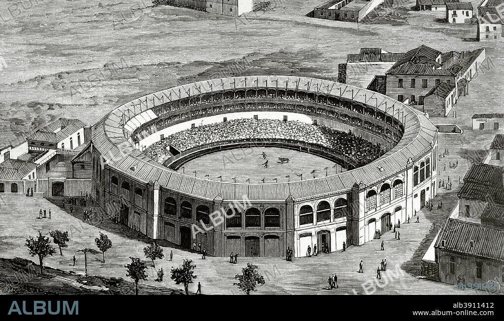 Spain, Andalusia, Malaga. "La Malagueta" Bullring. It was designed by Joaquin Rucoba in neo-Mudejar style, and built in 1874. The bullring was officially opened to the public on June 11, 1876, with a fight featured by the bullfighters Rafael Molina "Lagartijo", Antonio Carmona y Luque "el Gordito" and Manuel Rodriguez "Desperdicios". Drawing by Manuel Nao. Engraving by Bernardo Rico. La Ilustracion Espa–ola y Americana, August 8, 1876.