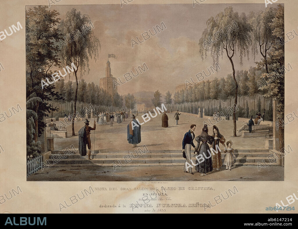 ANÓNIMO. EL PASEO DE CRISTINA DESDE EL PALACIO DE SAN TELMO DE SEVILLA - 1833 - CROMOLITOGRAFIA.