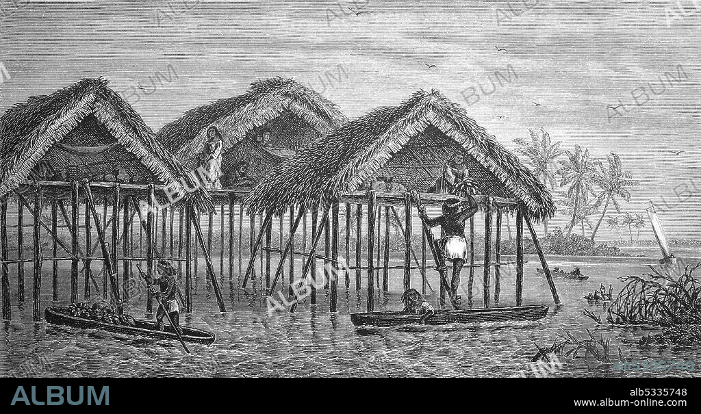 Pile huts of the Goajiro Indians in the lake of Maracaibo, Venezuela, in 1870  /  Pfahlhütten der Goajiro-Indianer im See von Maracaibo, Venezuela, im Jahre 1870, Historisch, historical, digital improved reproduction of an original from the 19th century / digitale Reproduktion einer Originalvorlage aus dem 19. Jahrhundert,.