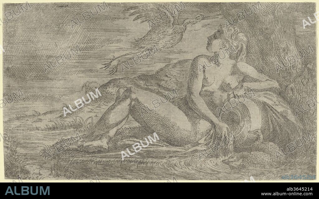 AFTER FRANCESCO PRIMATICCIO and LEON DAVENT. Nymph Watching a Heron Flying Away. Artist: Léon Davent (French, active 1540-56); After Francesco Primaticcio (Italian, Bologna 1504/5-1570 Paris). Dimensions: Sheet (trimmed): 5 11/16 × 9 15/16 in. (14.5 × 25.3 cm). Date: ca. 1542-45.