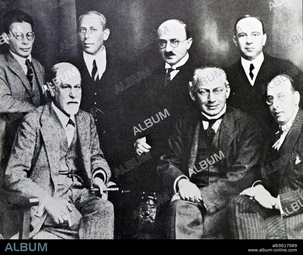 The 'Seven Rings' Committee of leading psychologists and psychiatrists; back row, left to right, Otto Rank, Karl Abraham, Max Eitingon, Ernest Jones. Front row, Sigmund Freud, Sandor Ferenczi and Hans Sachs. 1922.