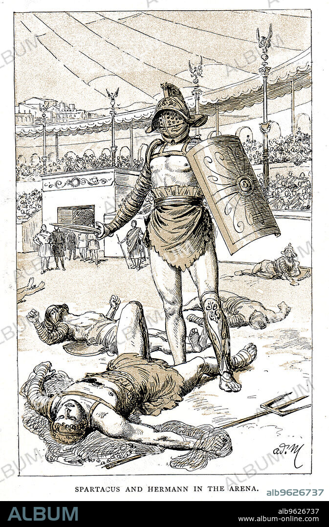 'Spartacus and Hermann in the Arena', late 19th century. Spartacus (c109 BC-71 BC), Roman gladiator, victorious in the arena, surrounded by the bodies of fallen adversaries. Spartacus was a Thracian soldier captured by the Romans and forced to become a gladiator. Together with about 70 other gladiators, Spartacus escaped and raised an army of rebel slaves. This army defeated two Roman legions before eventually being defeated by Marcus Licinius Crassus. It is believed that Spartacus died in the battle, but 6000 of his men who were taken prisoner were crucified along the Appian Way as a warning to other slaves.