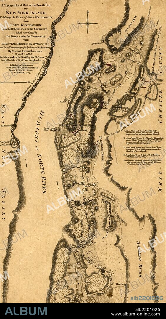plan of the attack of Fort Washington, now Fort Knypehausen, and of the American lines on New-York Island by the King's troops, on the 16th of November 1776. The Battle of Fort Washington was a battle fought in the American Revolutionary War between the United States and Great Britain. The battle, fought on November 16, 1776, was a decisive British victory and the entire garrison of Fort Washington was forced to surrender. After defeating the Continental Army under Commander-in-Chief General George Washington at the Battle of White Plains, the British army under the command of William Howe looked to capture Fort Washington, the last American stronghold on Manhattan. General Washington had thought of abandoning the Fort and removing its garrison of 3,000 men to New Jersey, but had been convinced by General Nathaniel Greene to defend it. On November 16, Howe launched his attack on the fort. The assault came from three different directions: the north, east and south. The attack was delayed due to tides in the Harlem River that prevented some of the troops from landing. When the attack did begin, the southern and western American defenses fell quickly. In the North there was stiff resistance to the Hessian attack, but they too were eventually overwhelmed. With the fort surrounded by land and sea the Fort's commander, Robert Magaw, chose to surrender the fort rather than try to hold out. A total of 59 Americans were killed and 2,837 became prisoners of the British. With this defeat, the main American army under George Washington was chased across New Jersey and into Pennsylvania, setting the stage for the battles of Trenton and Princeton.