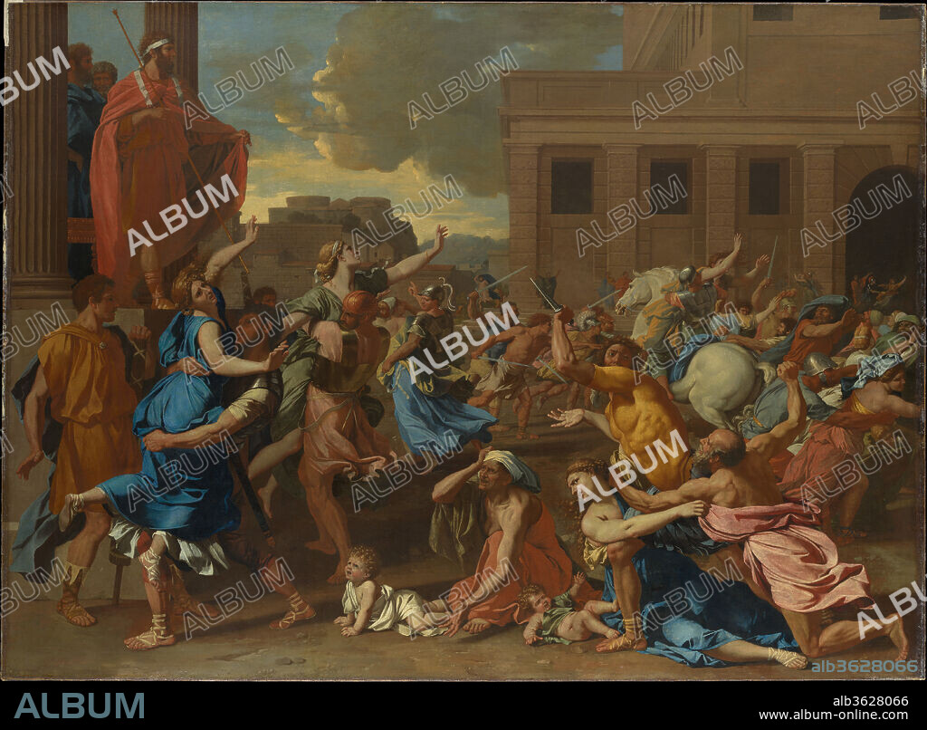 The Abduction of the Sabine Women. Artist: Nicolas Poussin (French, Les Andelys 1594-1665 Rome). Dimensions: 60 7/8 x 82 5/8 in. (154.6 x 209.9 cm). Date: probably 1633-34.
The Romans invited the neighboring Sabines with the intention of forcibly retaining their young women as wives. Romulus raised his cloak as the pre-arranged signal for the warriors to seize the women. The yellow armor worn by the man at the right is modeled after a Roman <i>lorica</i>, which was made of leather and reproduced the anatomy of the male torso. The painting belonged to the maréchal de Créquy, who was the French ambassador to Rome from June 1633 to July 1634.