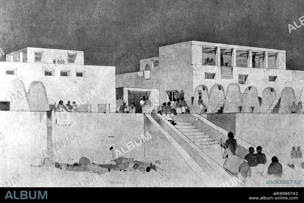 Reconstruction of the commercial quarter of Tell el Amarna. Tutankhamen by Christiane Desroches Noblecourt, page 140.