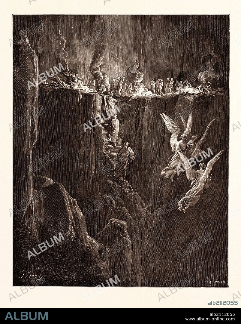 THE Perilous Pass on the eight cornice of Purgatory, BY GUSTAVE DORÉ. Gustave Dore, 1832 - 1883, French. Engraving for the Purgatorio or Purgatory by Dante Alighieri. 1870, Art, Artist, romanticism, colour, color engraving.