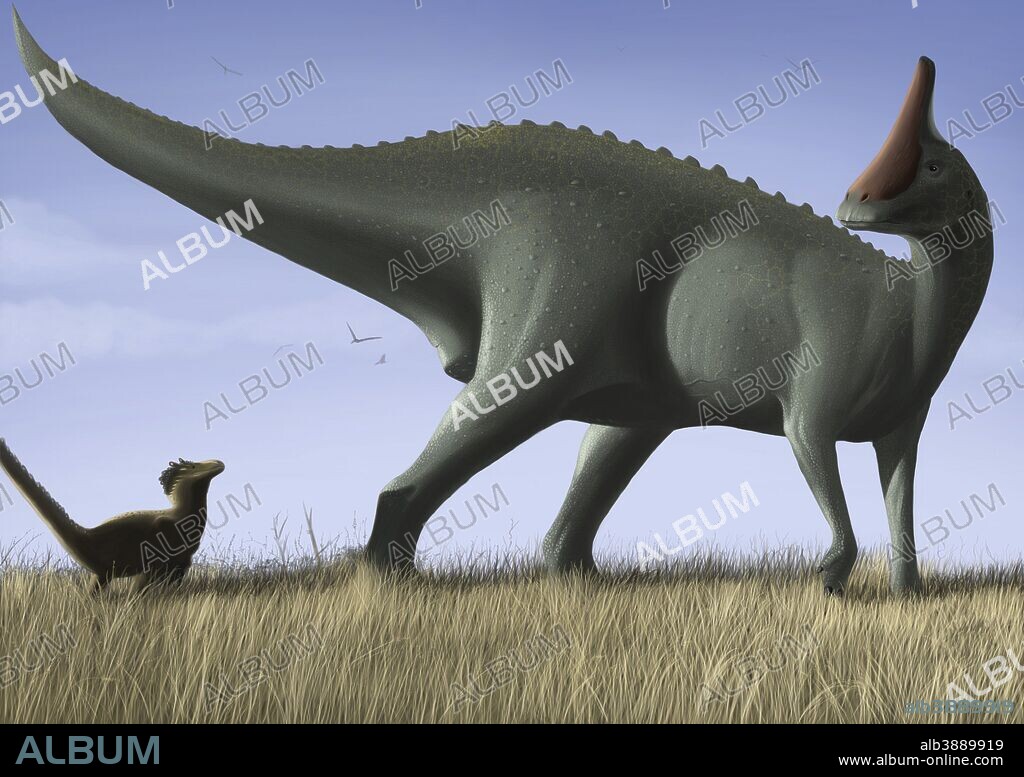 Tsintaosaurus spinorhinus and its offspring in an open field.