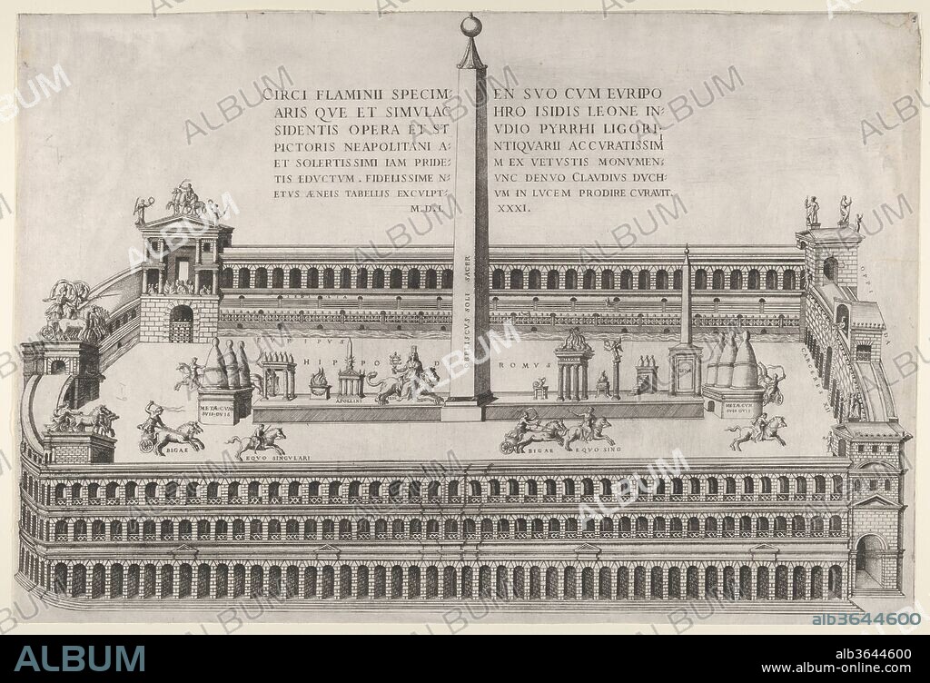 ANONYME. Speculum Romanae Magnificentiae: Circus Flaminius in Rome. Artist: Anonymous; After Pirro Ligorio (Italian, Naples ca. 1512/13-1583 Ferrara); After Nicolas Beatrizet (French, Lunéville 1515-ca. 1566 Rome (?)). Dimensions: sheet: 14 3/16 x 21 1/16 in. (36 x 53.5 cm). Publisher: Claudio Duchetti (Italian, active Venice and Rome, ca. 1565-died ca. 1585). Series/Portfolio: Speculum Romanae Magnificentiae. Date: 1581.
This print comes from the museum's copy of the Speculum Romanae Magnificentiae (The Mirror of Roman Magnificence) The Speculum found its origin in the publishing endeavors of Antonio Salamanca and Antonio Lafreri. During their Roman publishing careers, the two foreign publishers - who worked together between 1553 and 1563 - initiated the production of prints recording art works, architecture and city views related to Antique and Modern Rome. The prints could be bought individually by tourists and collectors, but were also purchased in larger groups which were often bound together in an album. In 1573, Lafreri commissioned a title page for this purpose, which is where the title 'Speculum Romanae Magnificentiae' first appears. Lafreri envisioned an ideal arrangement of the prints in 7 different categories, but during his lifetime, never appears to have offered one standard, bound set of prints. Instead, clients composed their own selection from the corpus to be bound, or collected a group of prints over time. When Lafreri died, two-third of the existing copper plates went to the Duchetti family (Claudio and Stefano), while another third was distributed among several publishers. The Duchetti appear to have standardized production, offering a more or less uniform version of the Speculum to their clients. The popularity of the prints also inspired other publishers in Rome to make copies however, and to add new prints to the corpus. 
The museum's copy of the Speculum entered the collection as a group of 3 albums with inlaid engravings and etchings. The prints have since been removed, but the original place of each print within the album is contained in the accession number: 41.72(volume.place).
Originally volume 1, plate 66 in the scrapbook.