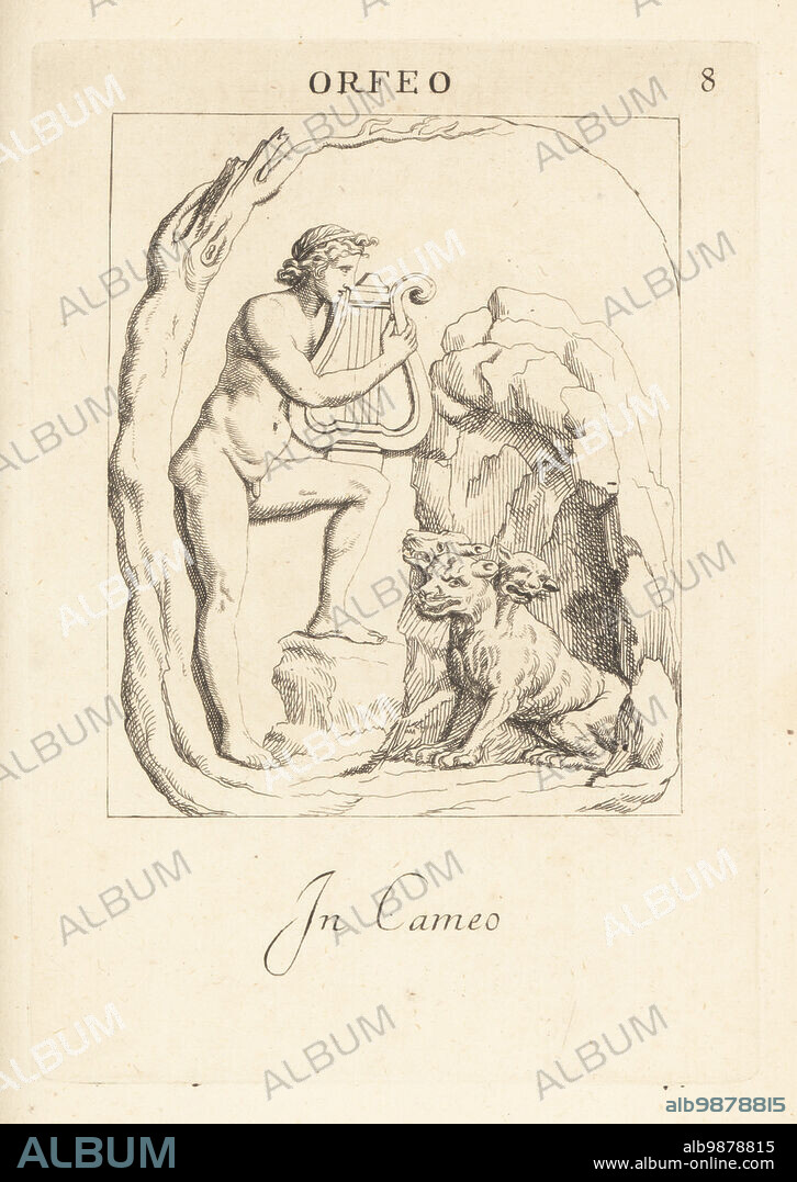 Orpheus playing music on his lyre to the three-headed guard dog Cerberus at the entrance to Hades. Orfeo in cameo. Copperplate engraving by Giovanni Battista Galestruzzi after Leonardo Agostini from Gemmae et Sculpturae Antiquae Depicti ab Leonardo Augustino Senesi, Abraham Blooteling, Amsterdam, 1685.