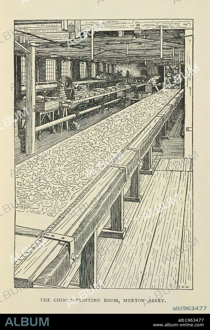 JOHN WILLIAM MACKAIL. The chintz-printing room, Merton Abbey. The Life of William Morris. Longmans & Co.: London, 1899. Source: 10854.h.12 volume 2, opposite 56. Language: English.