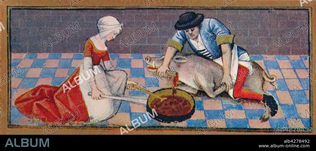 November - slaughtering the pig, 15th century, (1939). A man pins down the struggling pig and plunges his knife into its throat, severing its jugular vein and carotid artery. The blood, used to make black pudding, is collected by the woman in a long-handled pan which she stirs with a spatula to stop it coagulating. Detail of a page from the "Heures de Charles d'Angoulême", a book of hours commissioned by Charles of Orléans (1459-1496), with miniatures mostly painted by Robinet Testard, and now in the Bibliothèque nationale de France in Paris. Published in "Verve - No. 8, Vol. II". [Verve, France, 1939].