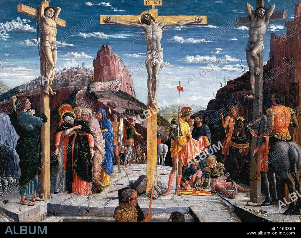 ANDREA MANTEGNA. ARTE RENACIMIENTO. ITALIA. MANTEGNA, Andrea (Padua,1431-Mantua,1506). Pintor italiano de la escuela paduana del Quattrocento. "EL CALVARIO" o también llamado "LA CRUCIFIXION" (1459). Museo del Louvre. París. Francia.