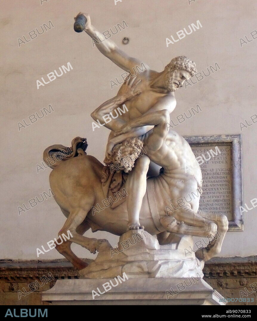 Marble sculpture of Hercules beating the Centaur Nessus, circa 1599 AD. By Flemish artist Jean de Boulogne, (better known by his Italianized name Giambologna). This sculpture is in the Loggia della Signoria, Florence, Italy, and was brought there in 1841 from the Canto de' Carnesecchi. With the help Pietro Francavill Giamblologna sculpted it from one solid block of white marble.