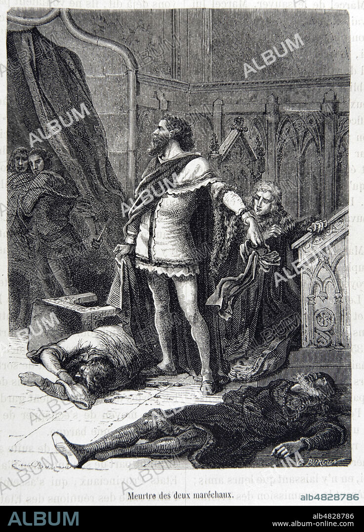 'Meurtre des deux Marechaux' Jean de Conflans, Marechal de Champagne et Robert de Clermont, Marechal de Normandie. Revolte des parisiens menee par Etienne Marcel en 1358 suite a l'acceptation par Jean II le Bon du premier traite de Londres (14eme, XIVeme s.) Illustration par E. Bayard (1837-1891) pour l'Histoire de France populaire par Henri Martin (1810-1883), vers 1870. Credit : Collection Grob/KHARBINE-TAPABOR.