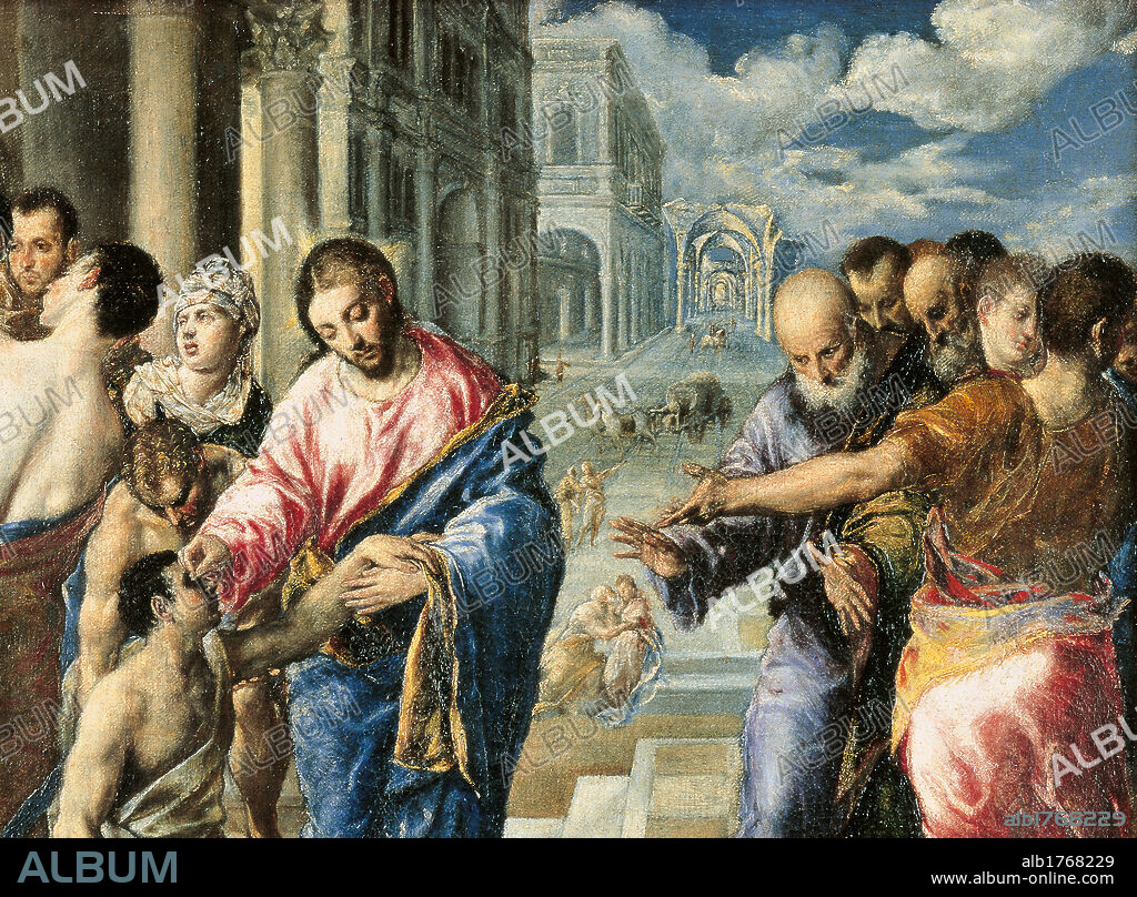 Christ Healing the Blind, by Domenico Theotokpulos known as El Greco, 1573 about, 16th Century, oil on canvas, cm 50 x 61. Italy, Emilia Romagna, Parma, National Gallery. Detail. Healing blind Jesus Christ miracle vanishing point buildings group men. Authorization required for non editorial use.