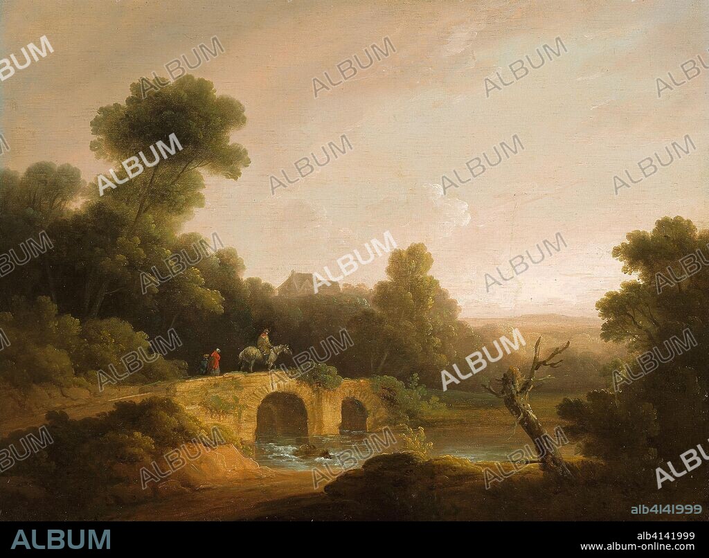 Landscape with Figures Crossing a Bridge. John Rathbone and George Morland; British, c. 1750-1807 and 1763-1804. Date: 1790. Dimensions: 11 15/16 × 16 1/8 in. (30.2 × 41 cm). Oil on panel. Origin: England.