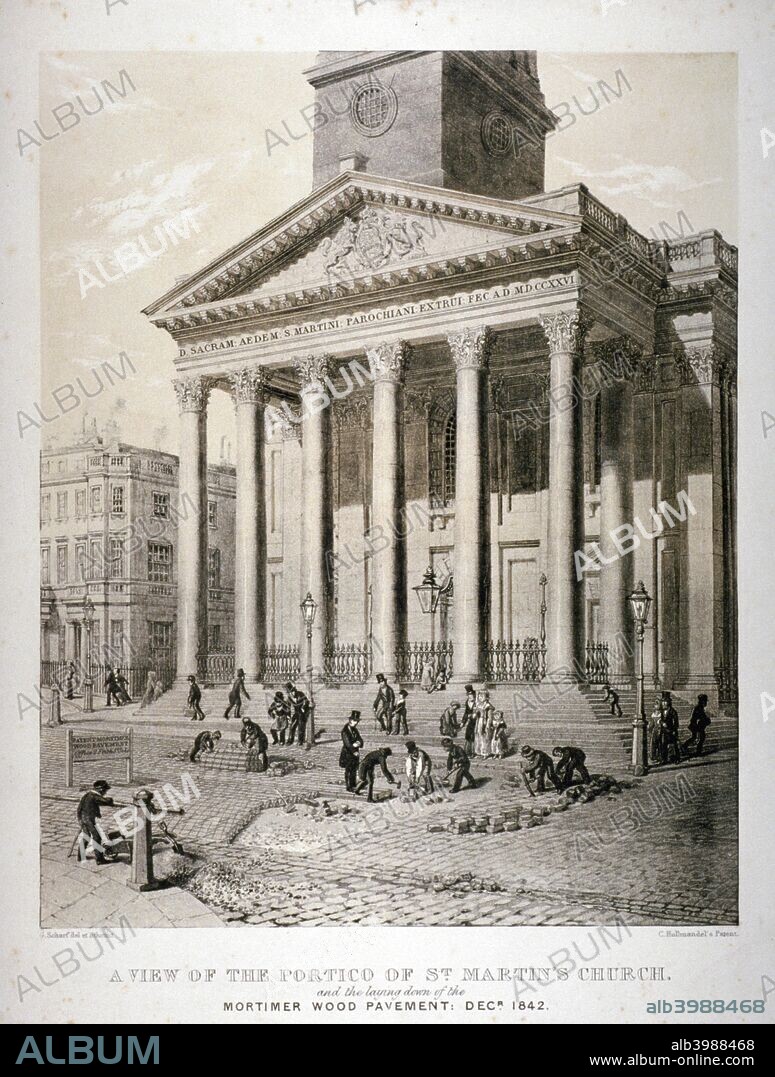 Portico of the Church of St Martin-in-the-Fields, Westminster, London, 1842. View showing the laying down of the Mortimer wood pavement. Designed by James Gibbs, the church, which stands on the north-eastern corner of Trafalgar Square, was completed in 1726.