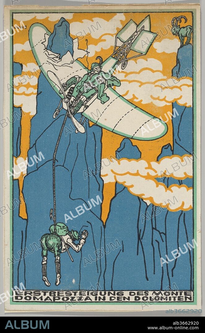 First Ascent of Monte Domapozza in the Dolomites (Erstbesteigung des Monte Domapozza in den Dolomiten). Artist: Moriz Jung (Austrian (born Czechoslovakia) Moravia 1885-1915 Manilowa (Carpathians)). Dimensions: Sheet: 5 1/2 × 3 9/16 in. (14 × 9 cm). Publisher: Wiener Werkstätte. Date: 1911.