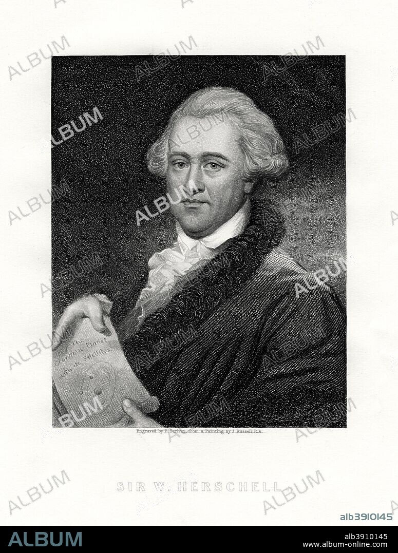 Sir Wilhelm Friedrich Herschel, German-born British astronomer and composer, 19th century. Herschel (1738-1822) became famous for discovering the planet Uranus, and made many other astronomical discoveries. Here he holds a diagram marked The Georgian Planet With its Satellites, probably a reference to his discovery of Uranus in 1781.
