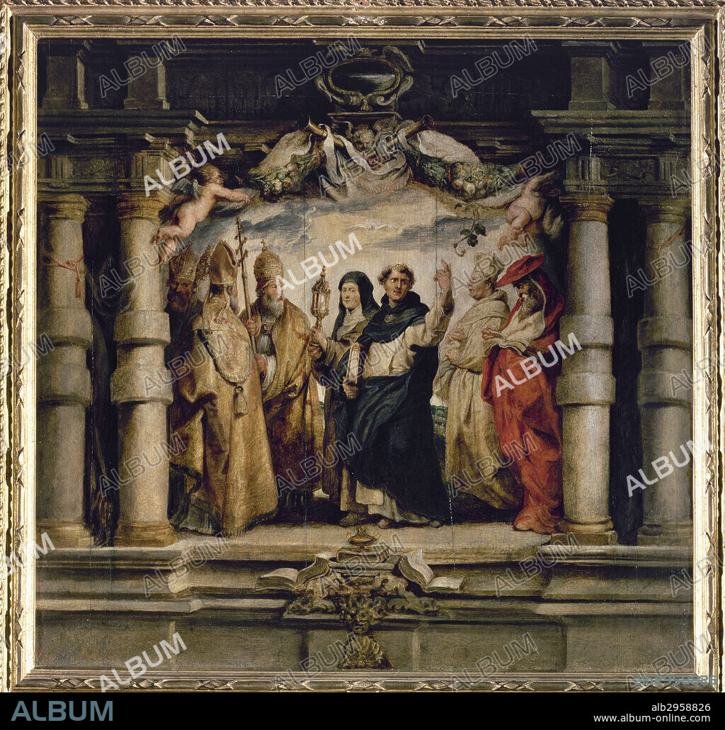PETER PAUL RUBENS (1577-1640). FLEMISH PAINTER.. Peter Paul Rubens (Siegen, 1577-Antwerp, 1640). Flemish painter. "The Defenders of the Eucharist", ca. 1625. Around 1622-1625 the Infanta Isabel Clara Eugenia commissioned Rubens to design twenty tapestries for the Convent of the Descalzas Reales in Madrid. In order to do this, he had to first make some oil sketches. They treat the theme of the Eucharist. In the centre, Saint Clare of Assisi (1149-1253) wearing the Franciscan habit, who is given the features of the Infanta, holding the monstrance together with Saint Ambrose (looking towards the front), Saint Augustine (backwards) and Saint Gregory the Great carrying the papal cross. On the other side, Saint Thomas Aquinas, Saint Norbert (wearing a white habit) and Saint Jerome. Oil on panel (65,5 x 68 cm). Prado Museum. Madrid. Spain.
