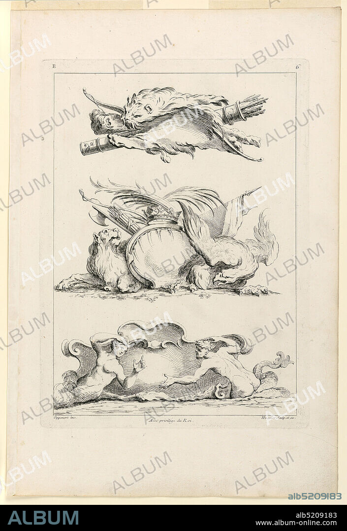 page Six from 'Cinquième Livre Contenant des Cartouches Inventés par G. M. Oppenort Architecte du Roi et Gravé par Huquier', Gilles-Marie Oppenord, French, 16721742, Gabriel Huquier, French, 16951772, Etching on paper, Three shell-like cartouches in sequence. First, an oval cartouche supported by hunting trophies. Second, surmounted by a crown, flanked by a lion (left), eagle (right). Third, flanked by a triton (left) and a mermaid (left). Inscribed, upper left: 'E'; upper right: '6'; lower left: 'Oppenort inv.'; center: 'Avec privilege du Roi'; lower left: 'Huquier sculp. et ex.', France, after 1751, Print, Print.