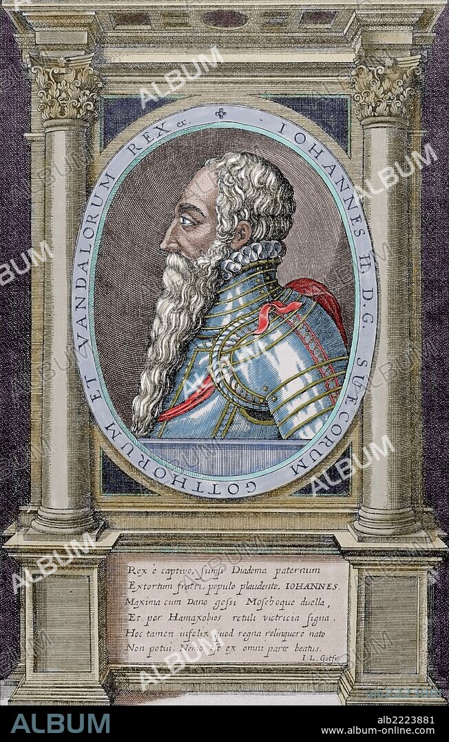 JUAN I DE DINAMARCA (1445-1513). Rey de Dinamarca (1481-1513), de Noruega (1483-1513) y con el nombre de Juan II, rey de Suecia (1497-1501). Grabado coloreado de "Historia Universal", 1883.