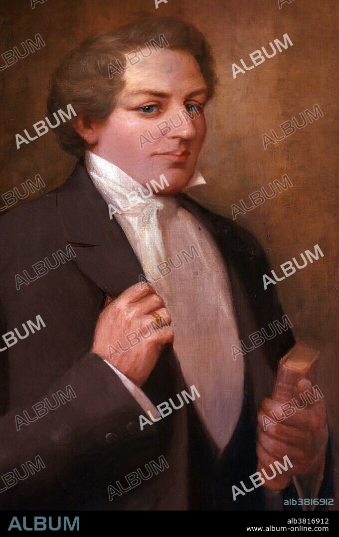 Joseph Smith, Jr. (December 23, 1805 - June 27, 1844) was an American religious leader and founder of Mormonism. According to Smith, he experienced a series of visions in which an angel directed him to a buried book of golden plates inscribed with a Judeo-Christian history of an ancient American civilization. In 1830, he published what he said was an English translation of these plates, the Book of Mormon. The same year he organized the Church of Christ, calling it a restoration of the early Christian church. In 1831, Smith and his followers moved west, planning to build a communalistic American Zion. They established an outpost in Independence, Missouri. He sent out missionaries, published revelations, and supervised construction of a temple, but the collapse of a church-sponsored bank and violent skirmishes with non-Mormons caused Smith and his followers to establish a new settlement at Nauvoo, Illinois. In 1844, he angered non-Mormons when he destroyed a newspaper that had criticized his power and practice of polygamy. Smith was imprisoned and killed when a mob stormed the jailhouse. By the time of his death, at the age of 38, he had attracted tens of thousands of followers and founded a religion and religious culture that continues to the present. No artist credited, undated.