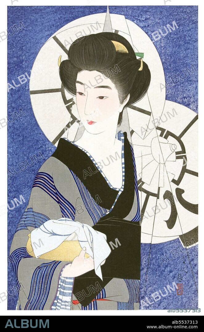 Torii Kotondo is known to have made only 21 prints - all of them images of bijin or beautiful women. They belong to the finest works of art of the Shin Hanga movement. Shin hanga ('new prints') was an art movement in early 20th-century Japan, during the Taisho and Showa periods, that revitalized traditional ukiyo-e art rooted in the Edo and Meiji periods (17th–19th century). The movement flourished from around 1915 to 1942, though it resumed briefly from 1946 through the 1950s. Inspired by European Impressionism, the artists incorporated Western elements such as the effects of light and the expression of individual moods, but focused on strictly traditional themes of landscapes (fukeiga), famous places (meisho), beautiful women (bijinga), kabuki actors (yakusha-e), and birds and flowers (kachoga).