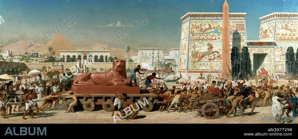 'Israel in Egypt', 1867. Dramatic scene set in Ancient Egypt showing Israelite slaves pulling a giant statue of a lion during the construction of the cities of Phithom and Rameses.