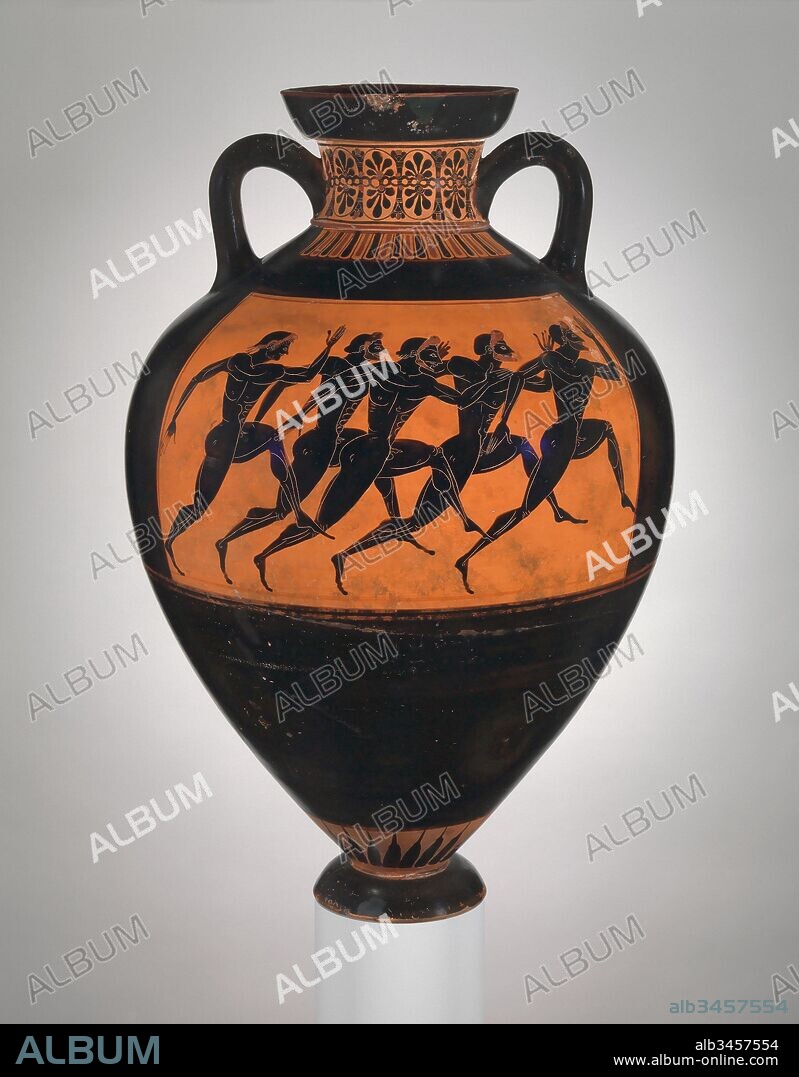 Terracotta Panathenaic prize amphora, Archaic, ca. 530 B.C., Greek, Attic, Terracotta; black-figure, H. 24 1/2 in. (62.2 cm), Vases, Obverse, Athena, Reverse, footrace. The Euphiletos Painter was trained in the black-figure technique. It is interesting to compare the firm, deliberate incision in his works with the looser, freer line of artists like the Berlin Painter.