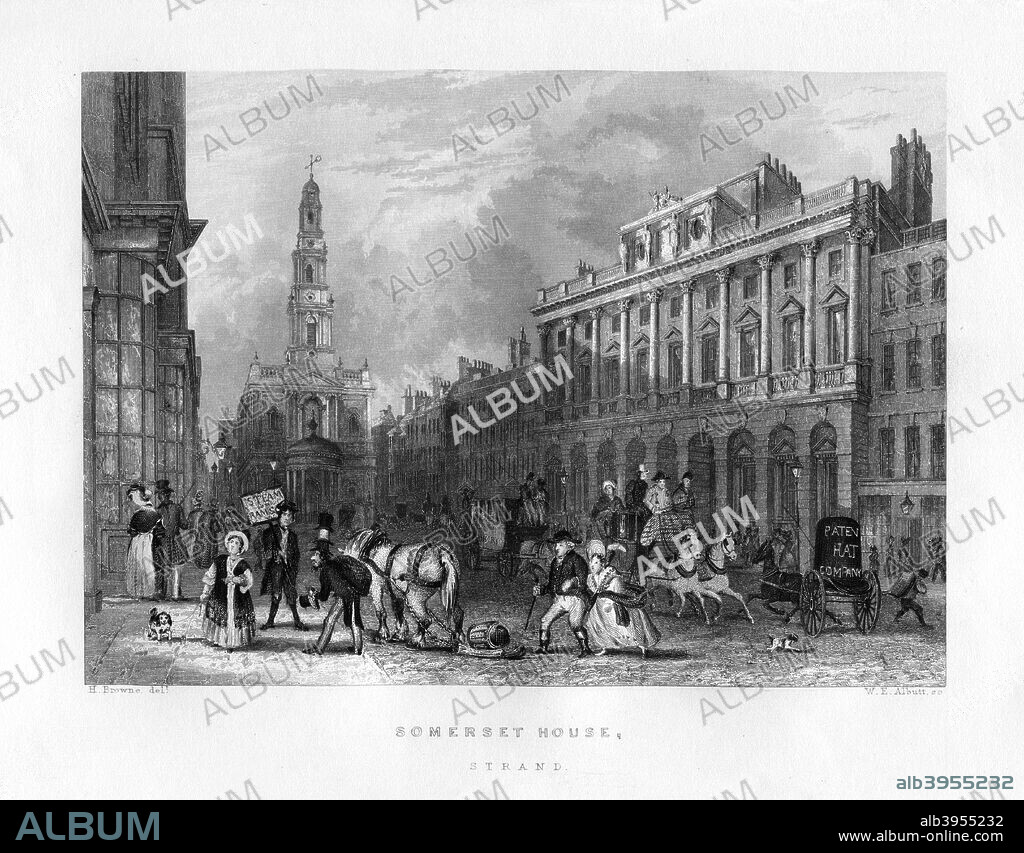 Somerset House, the Strand, London, 19th century. Designed by Sir William Chambers, Somerset House originally housed public offices, including the Navy Board and the three principal learned societies. It was later converted to house three art collections: the  Gilbert Collection, the Hermitage Rooms and Courtauld Institute of Art Gallery. On the left is the church of St Mary-le-Strand, designed by James Gibbs.