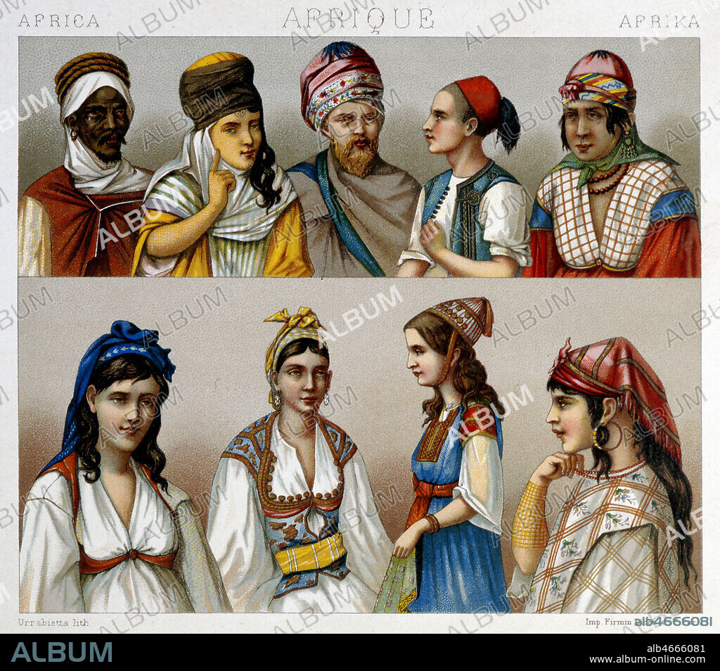 'Afrique, partie septentrionale. L'Algerie', populations diverses. De gauche a droite. En haut : negre d'Oran (tribu Zmela), femme Kouloughli, Berbere des montagnes de l'Aures, jeune Maure, Mauresque. En bas : Mauresque andalouse, femme Kouloughli, Mauresque, femme Kouloughli. Illustration in le Costume historique d'Auguste RACINET (19 S), vers 1860. Credit : Collection KHARBINE-TAPABOR.