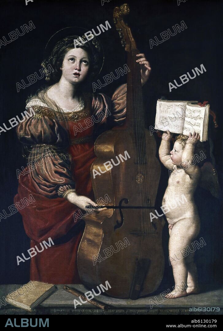 DOMENICO ZAMPIERI. 'Santa Cecilia con un ángel sosteniendo una partitura', hacia 1617-1618, Óleo sobre lienzo, 160 x 210 cm.
