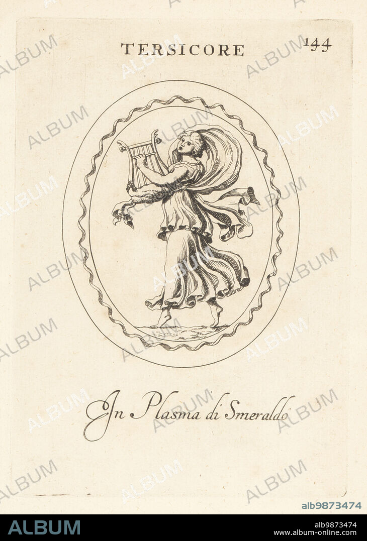 Figure of Erato, Greek muse of lyric poetry, or Terpsichore, Greek muse of dance. Dancing while playing the lyre or kithara. In emerald plasma. Tersicore. In plasma di smeraldo. Copperplate engraving by Giovanni Battista Galestruzzi after Leonardo Agostini from Gemmae et Sculpturae Antiquae Depicti ab Leonardo Augustino Senesi, Abraham Blooteling, Amsterdam, 1685.