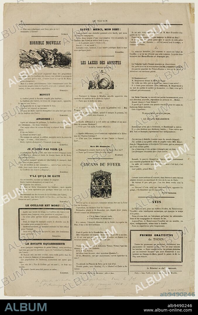 The miracles of the day, Fusino, Henry, Draftsman-lithographer, Le Tocsin, Publisher, In 9-1867, 3rd quarter of the 19th century, House of Victor Hugo - Hauteville House, Print, Graphic arts, Manuscripts, printed, binding, Illustration de périodique, Périodique, Lithography, Dimensions - Work: Height: 49.8 cm, Width: 32.5 cm.