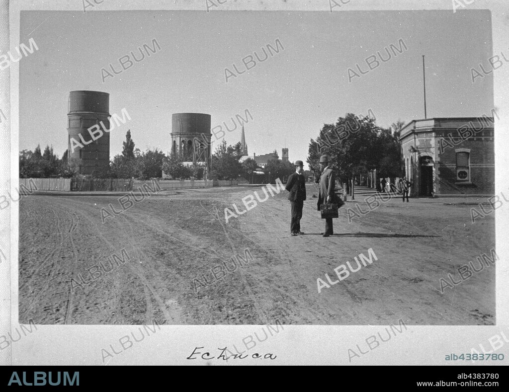 Photograph - Main Street, by A.J. Campbell, Echuca, Victoria, 1894, Image of the main street in Echuca, taken by A.J. Campbell in the 1894. Part of a large collection of images depicting mainly aspects of the natural environment of south-eastern Australia, created by Archibald James Campbell between 1890 and 1915.