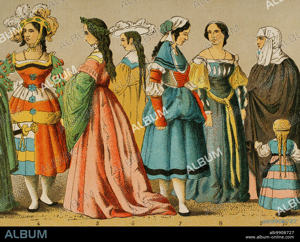 Historia de Alemania. 1500-1550. Vestidos de mujer de diferentes clases sociales. Cromolitografía. "Historia Universal", por César Cantú. Tomo VII, 1881.