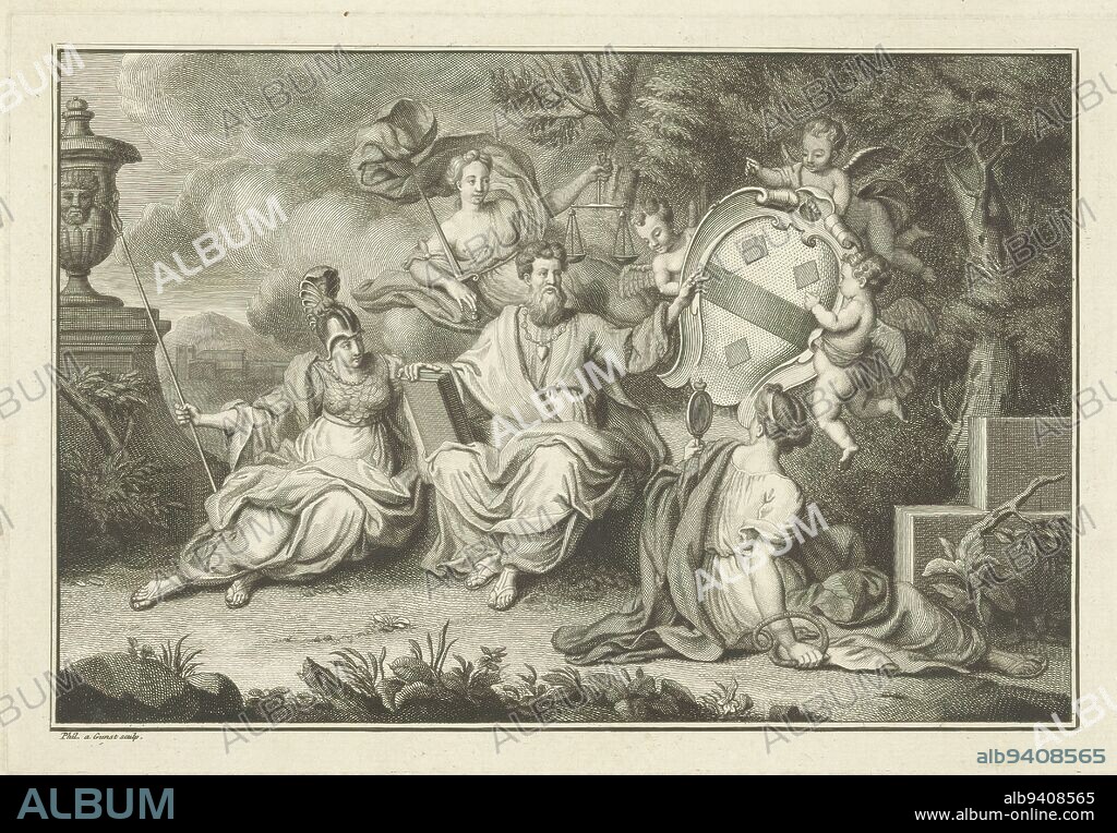 Van de Poll family coat of arms in allegorical setting, Minerva, Justice, Prudentia, and an old man with a book, near the coat of arms of the Van de Poll family., print maker: Philip van Gunst, (mentioned on object), Amsterdam, 1685 - 1732, paper, etching, height 156 mm × width 230 mm, height 233 mm × width 320 mm.