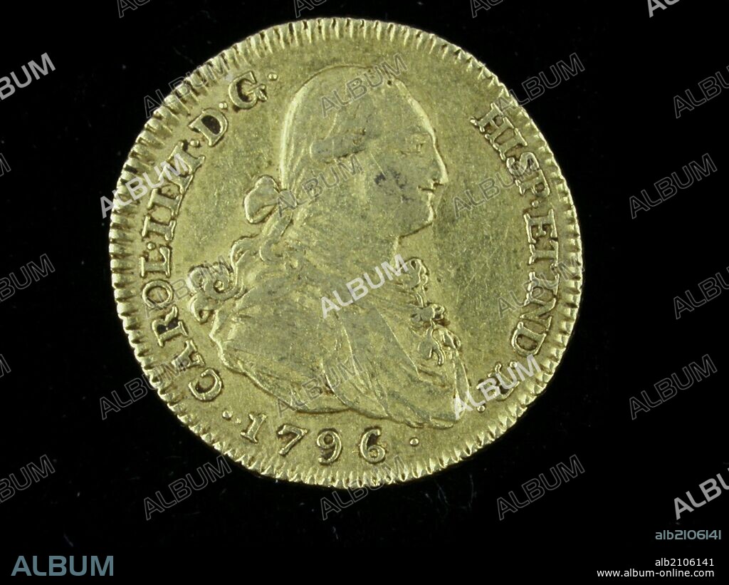 NUMISMATICA. MONEDA MODERNA. DOS ESCUDOS DE ORO, DE CARLOS IV. ANVERSO. BUSTO DEL REY CON PELUCA, ARMADURA Y MANTO. (DEPOSITO: MUSEO ARQUEOLOGICO NACIONAL).