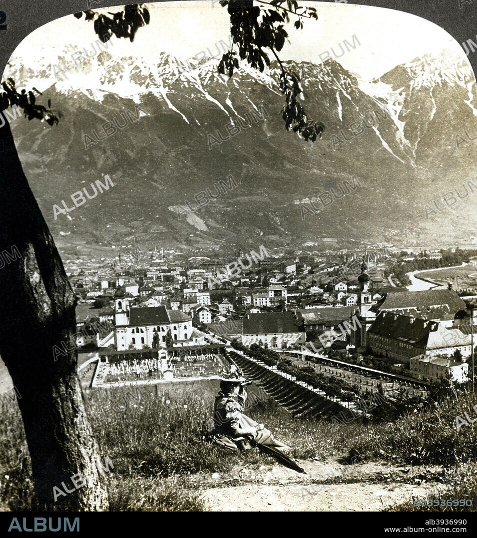 Innsbruck and the Bavarian Alps, Tyrol, Austria. Stereoscopic card detail.
