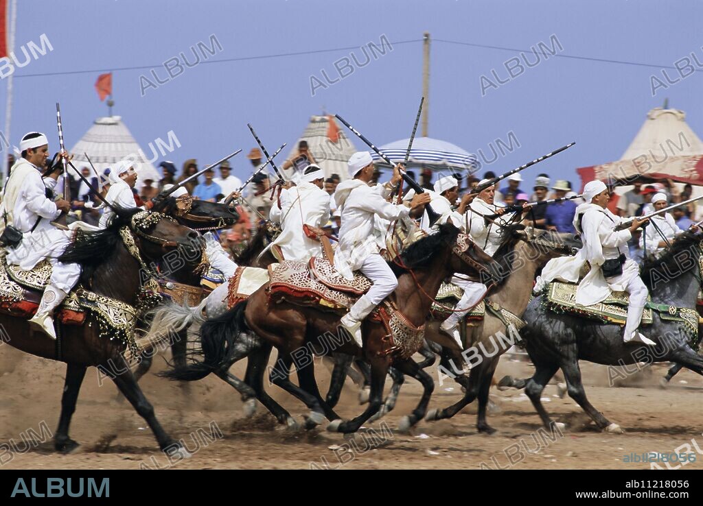 Fantasia for the moussem (festival) of Moulay Abdallah, El Jadida, Morocco, Africa.