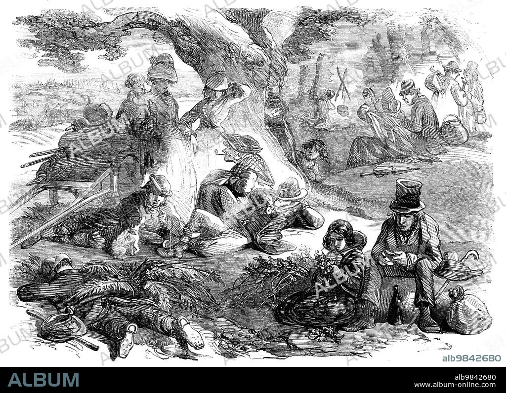 HABLOT KNIGHT BROWNE. Hop-pickers Resting - drawn by Phiz, 1858. Seasonal farm workers. 'Here meet together the respectable poor and the disreputable poor, the honest labourer and the thief (doing honest work now), the decently dressed and the ragged and tattered, the clean and the dirty, the frank open-faced and the cut-throat looking; all working peacefully together...cheerful and happy, and the most depraved seemingly softened down by the beauties of nature which surround them...men, women, and children - who have come crowding along the quiet green lanes and busy highways from many parts of our good Queen's dominions...Kent and Sussex [are] the chief hop-growing counties. Hop-picking generally commences about the early part of September, and ends towards the middle of October'. From "Illustrated London News", 1858.