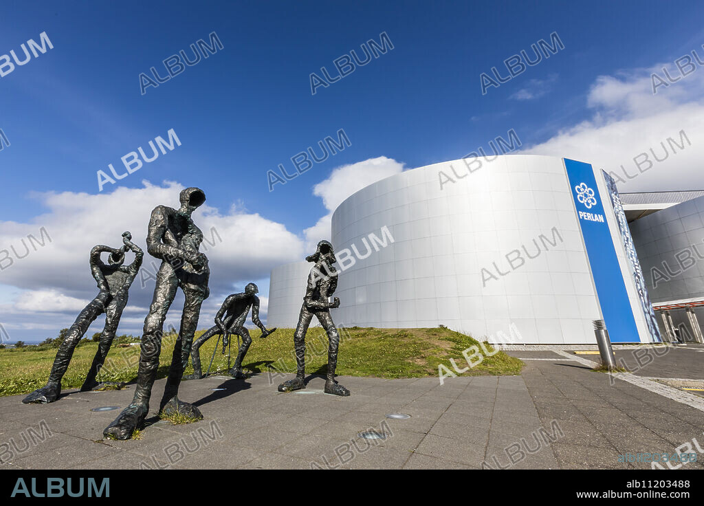 Exterior view of statues in front of The Perlan Museum, in Reykjavik, Iceland, Polar Regions.