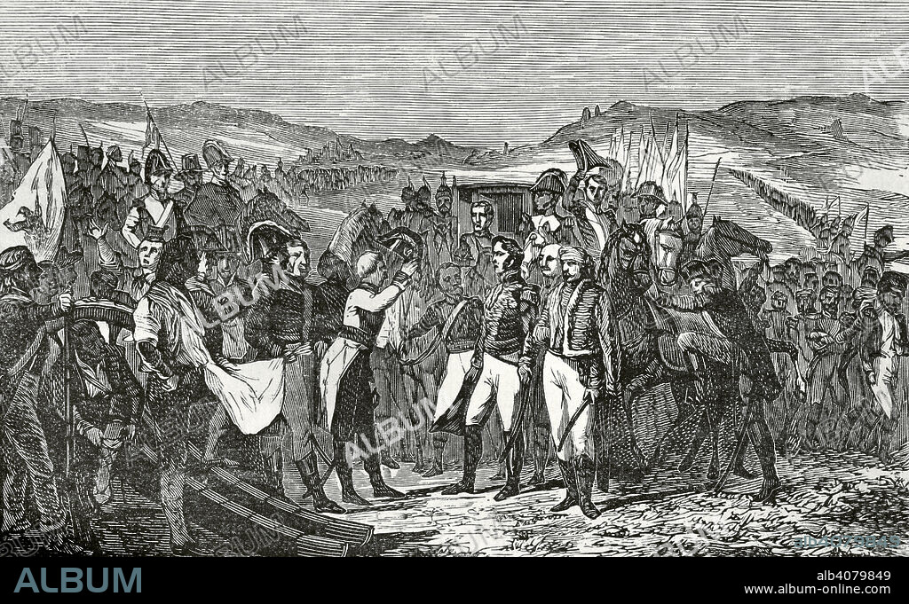 Guerra de la Independencia Española. Batalla de Bailén. Primera victoria del ejército español dirigido por el general Castaños (19 de julio de 1808). "La Rendición de Bailén". Los generales Francisco Javier Castaños (1756-1851) y Pierre Antoine Dupont (1765-1838). Grabado a partir del cuadro de José Casado del Alisal. Crónica General de España, Historia Ilustrada y Descriptiva de sus Provincias. Andalucía, 1869.